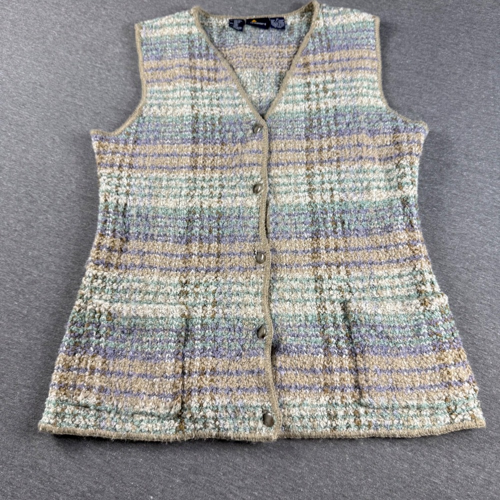 Lizsport Vintage Striped Boucle Wool Blend Button Front Sweater Vest Green M